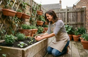 Femme aménageant un potager surélevé en bois dans un petit jardin urbain avec des herbes aromatiques et des plantes grimpantes