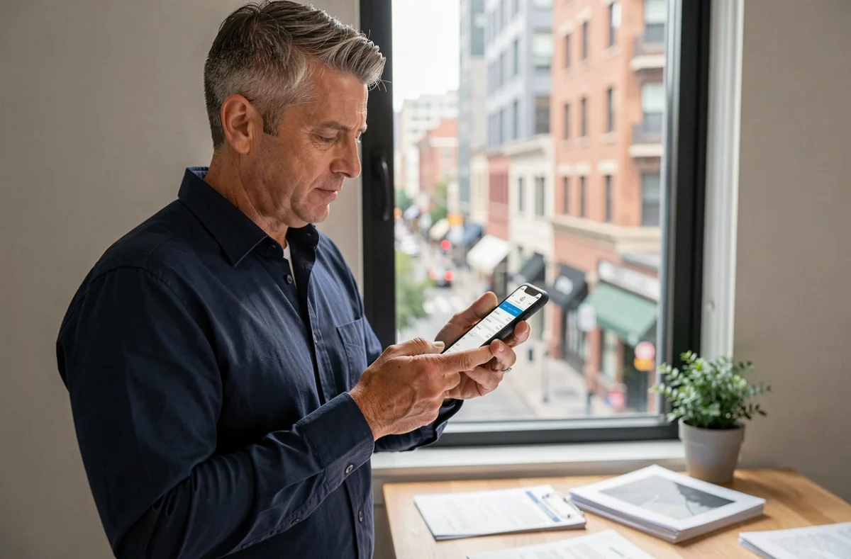 Homme utilisant une application mobile pour régler ses charges locatives depuis son bureau à domicile