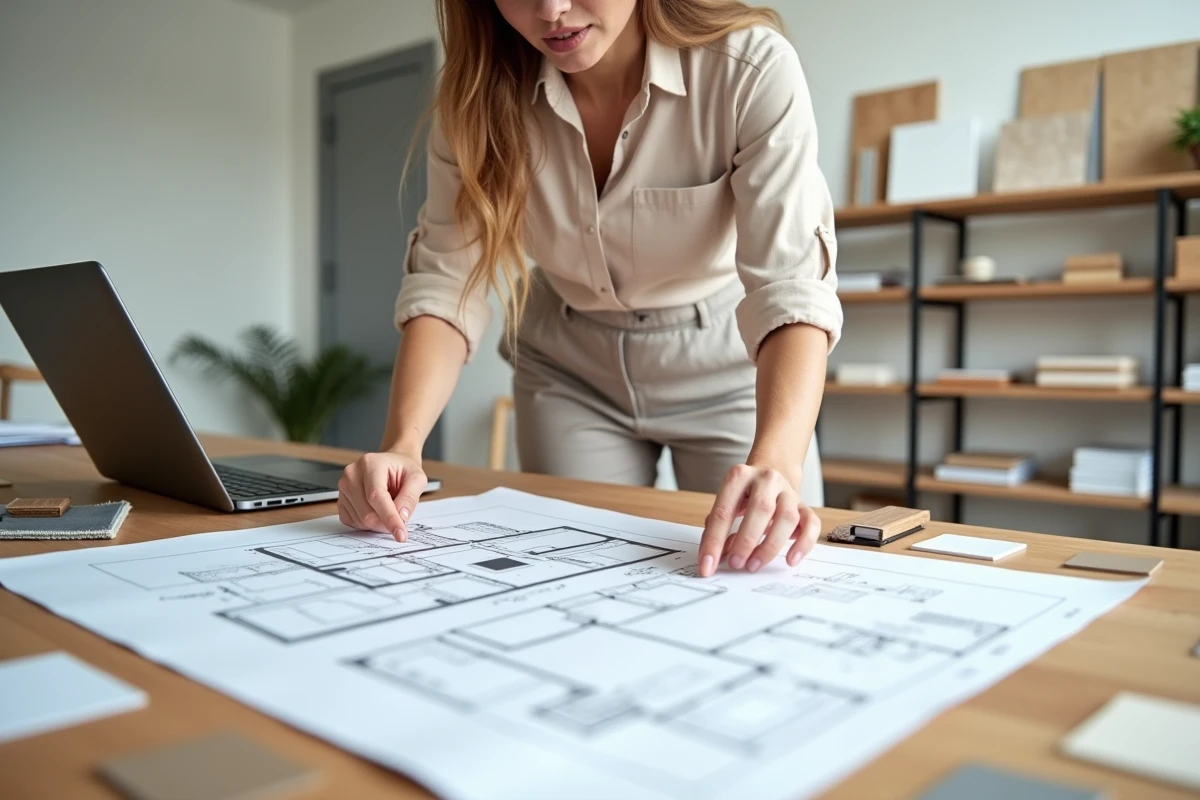 Femme architecte analysant des plans de rénovation sur mesure avec des échantillons de matériaux
