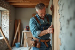 Artisan professionnel mesurant un panneau en bois dans une pièce en cours de rénovation sur mesure
