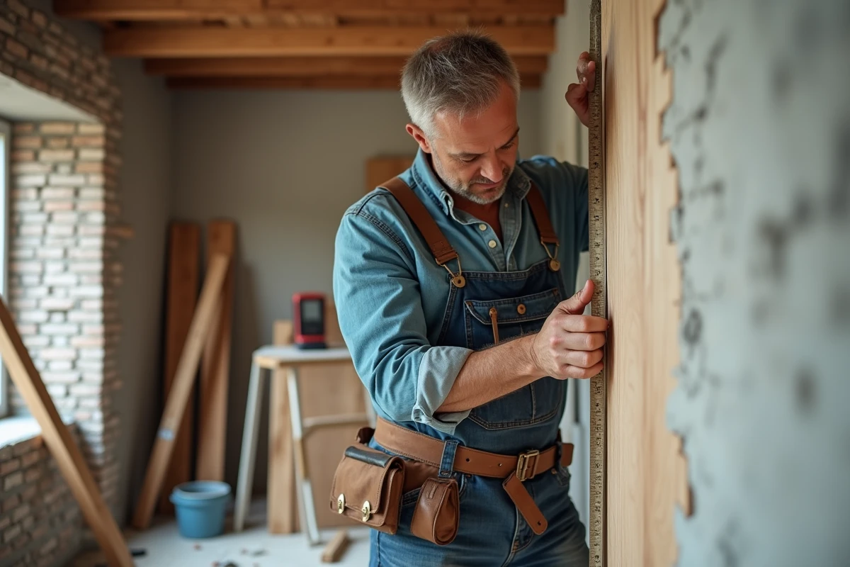 Artisan professionnel mesurant un panneau en bois dans une pièce en cours de rénovation sur mesure