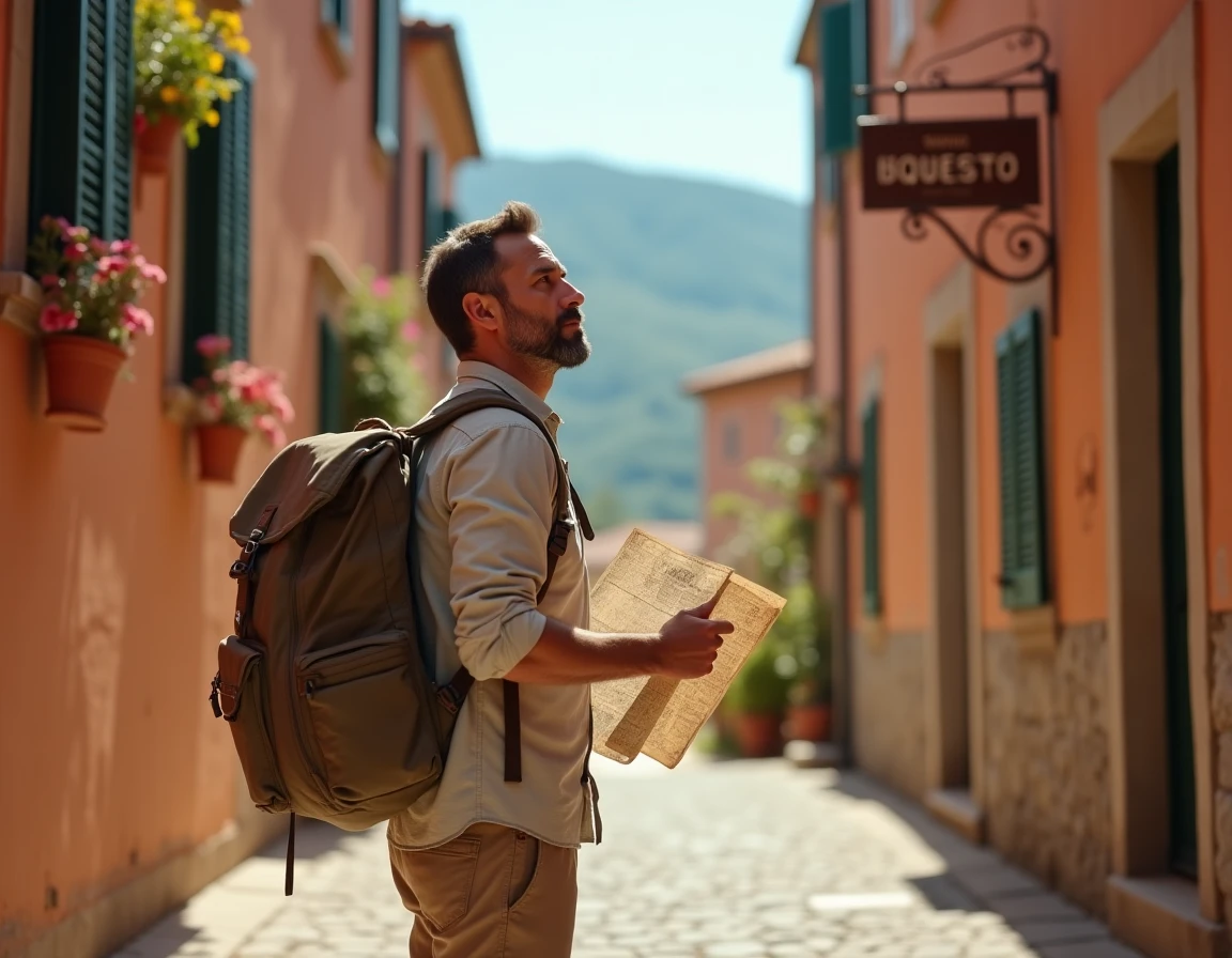 Voyageur explorant une ruelle pavée d'un village méditerranéen avec une carte papier à la main