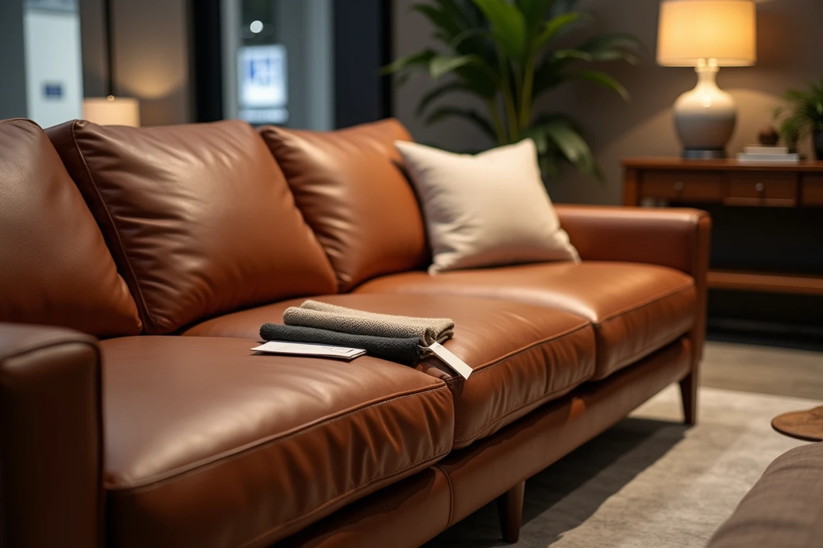 Canapé d'angle en cuir cognac Poltronesofa avec échantillons de tissu et étiquette de prix dans un showroom haut de gamme