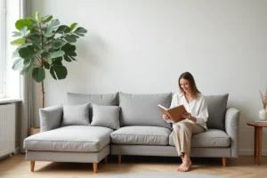Femme assise sur un canapé Poltronesofa en tissu gris dans un salon moderne au style scandinave