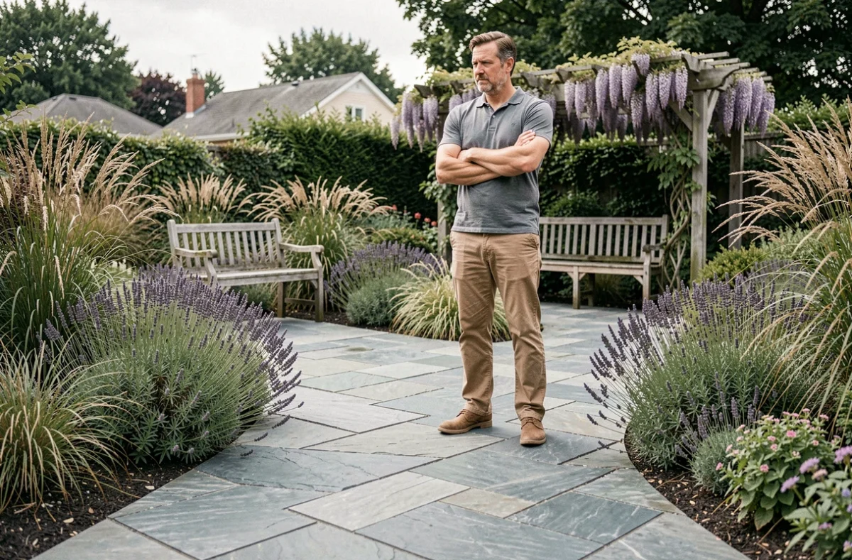 Homme observant un chemin en dalles de pierre nouvellement aménagé dans un jardin suburban avec lavande et pergola en bois