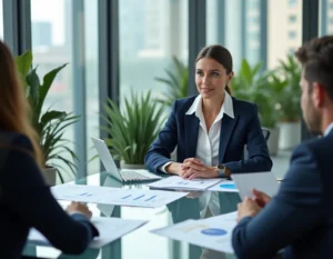 Femme d'affaires européenne analysant des rapports financiers lors d'une réunion de conseil en développement d'entreprise