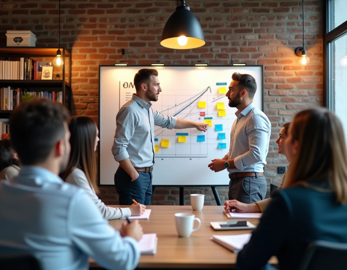 Consultant présentant une feuille de route stratégique pour le développement d'entreprises européennes dans un espace coworking