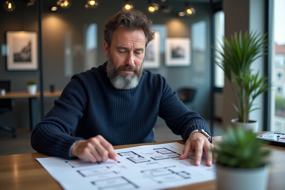 Homme en consultation avec un agent immobilier dans une agence moderne en France