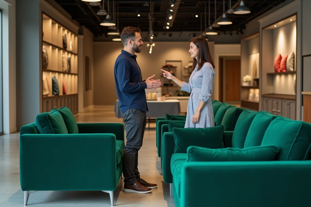 Couple comparant deux modèles de canapés Poltronesofa en magasin, illustrant les différences de prix et de gamme