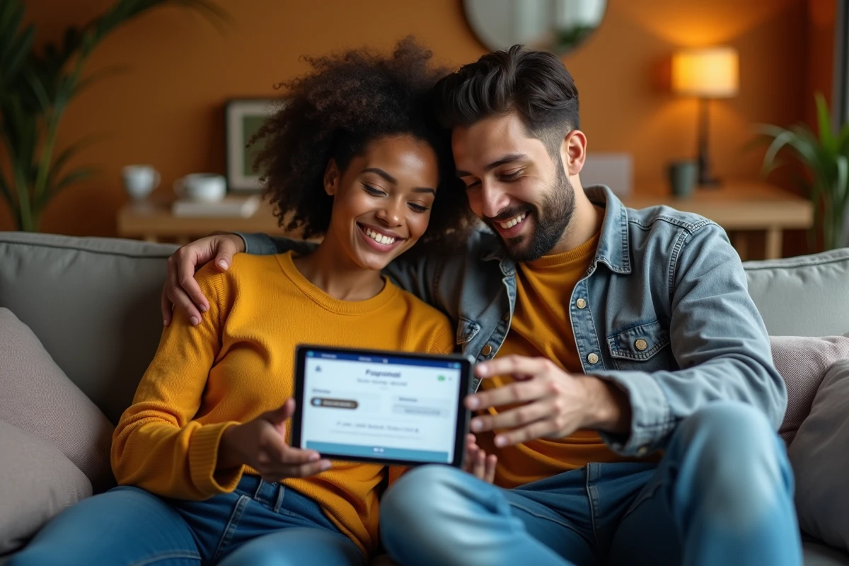 Jeune couple consultant une demande de prêt personnel en ligne sur une tablette dans leur salon