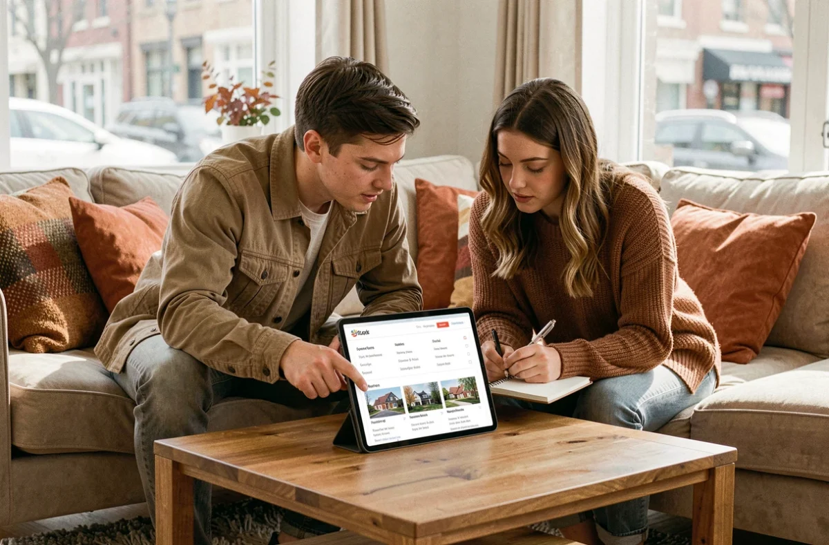 Couple de jeunes adultes explorant ensemble le sitemap d'un site immobilier sur une tablette dans leur salon