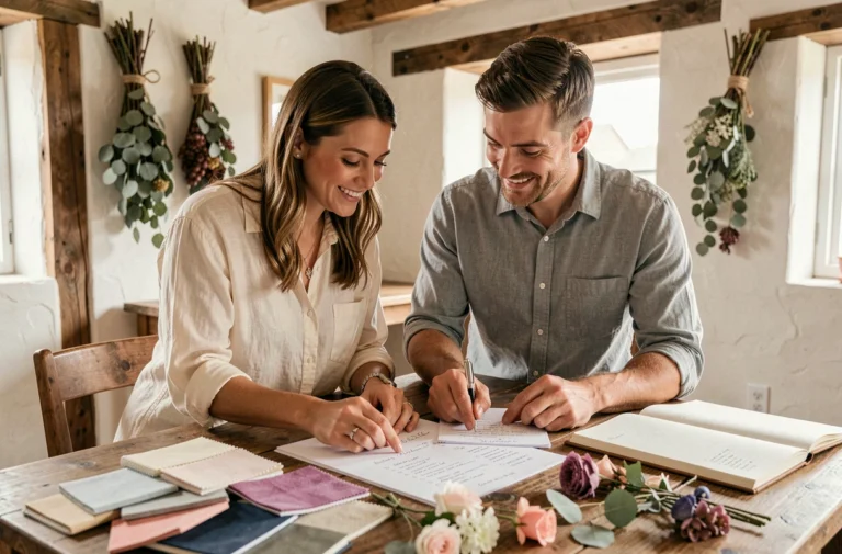Couple de futurs mariés planifiant leur mariage ensemble autour d'une table en bois rustique avec des échantillons de tissu et des listes de contrôle