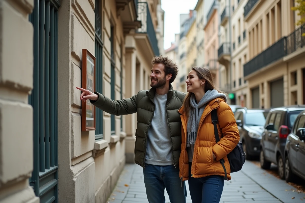 Couple consultant une annonce de logement devant un immeuble résidentiel à Lyon