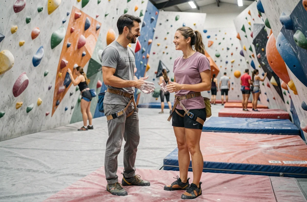 Un couple découvert via un site de rencontres sportives partage une session d'escalade dans une salle de bloc moderne, souriants et complices