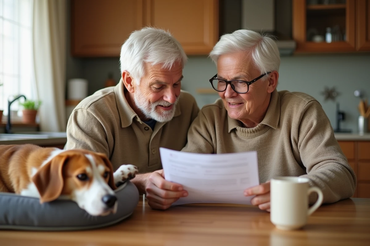 Couple de personnes âgées consultant des documents d'assurance pour leur vieux chien beagle à la maison