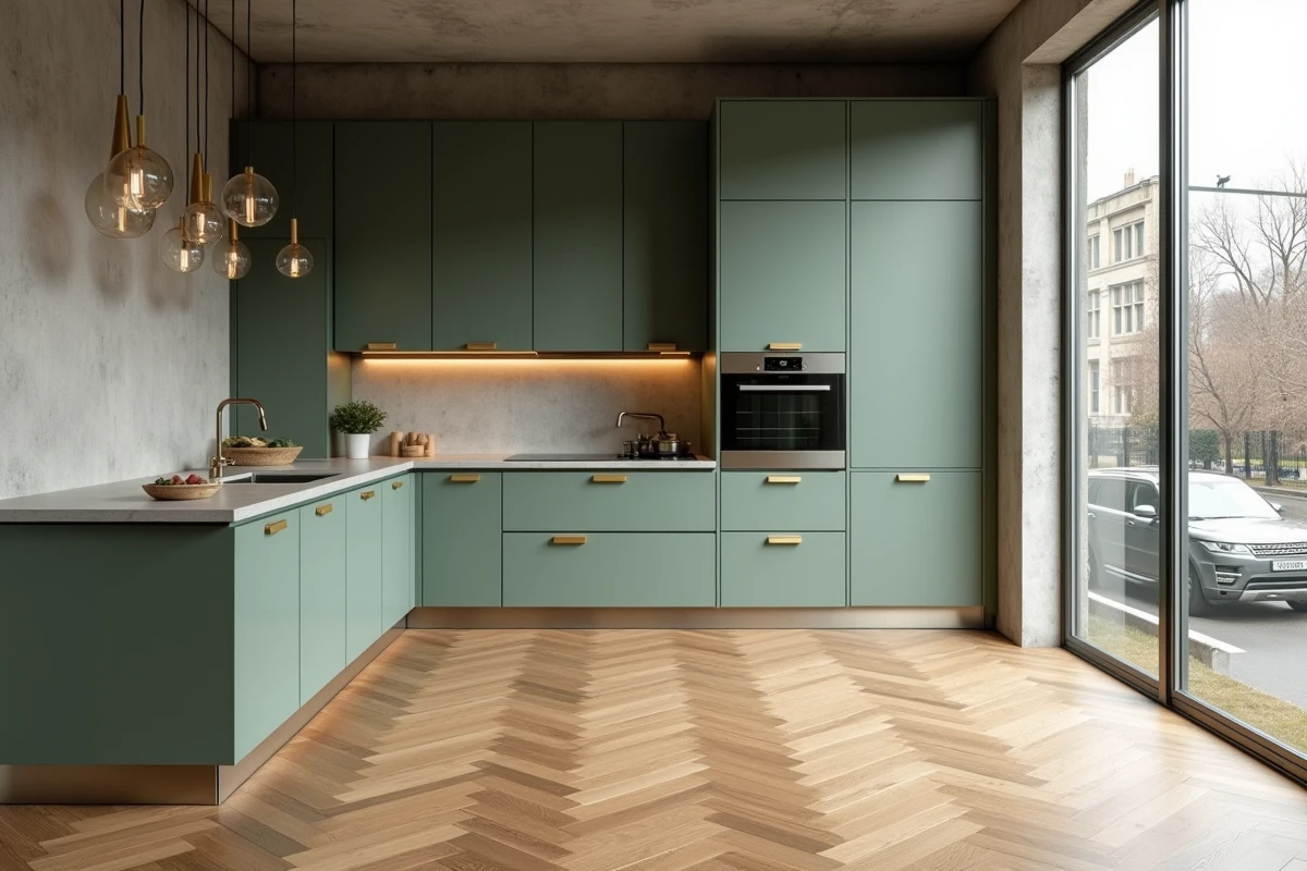Cuisine rénovée sur mesure avec armoires vert sauge, parquet en chêne et mur en béton brut