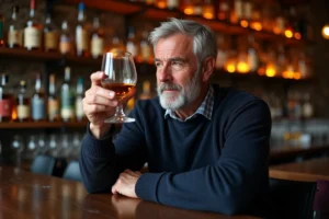Homme mature dégustant un verre de whisky ambré dans un bar en pierre de style écossais, explorant les arômes et les bienfaits sensoriels de la boisson