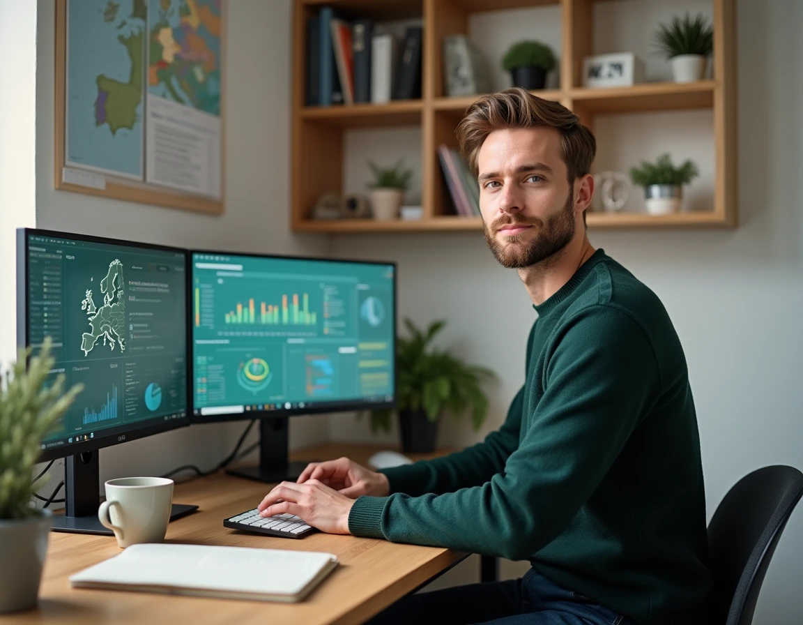 Entrepreneur analysant des données de marché européen sur son ordinateur pour accompagner la croissance de son entreprise