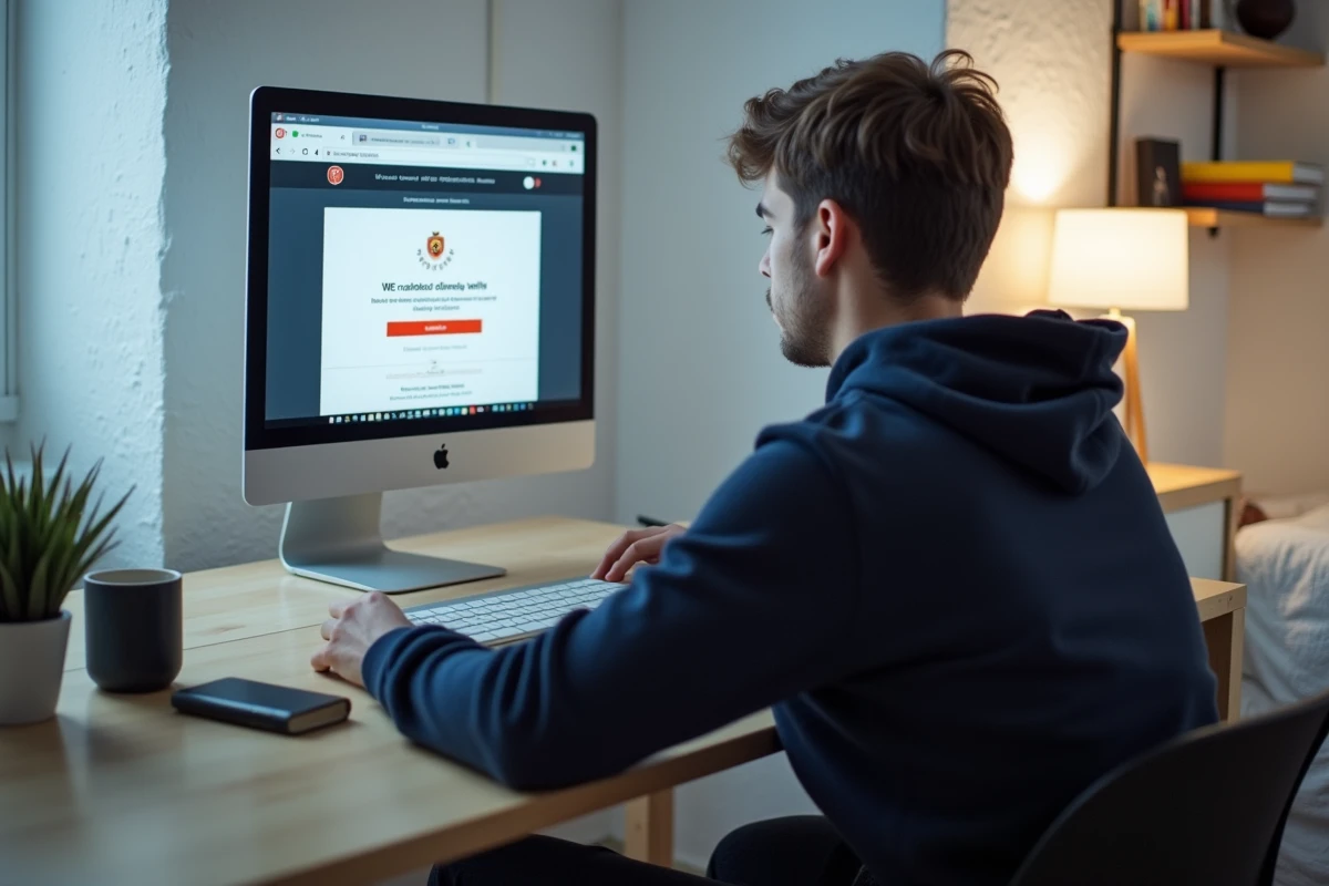 Étudiant en appartement essayant de résoudre un problème de connexion sur le portail ENT universitaire