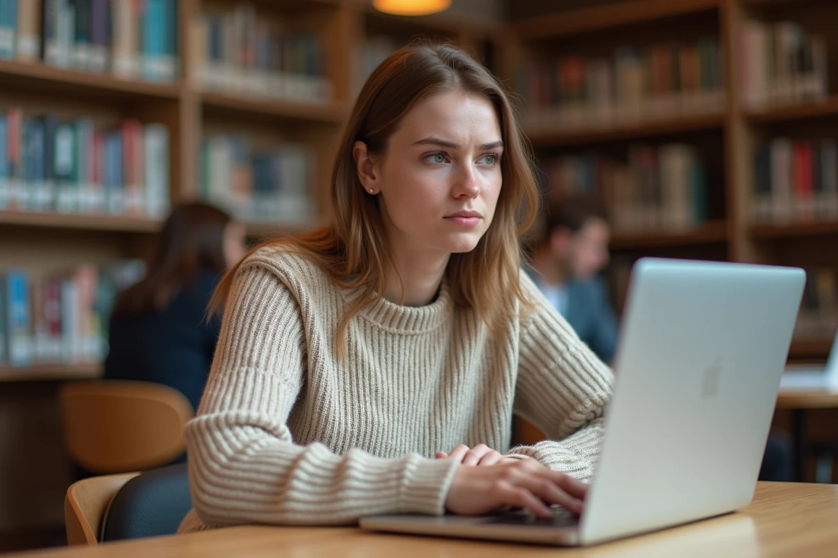 Étudiante universitaire frustrée tentant de se connecter à l'ENT Assas sur son ordinateur portable en bibliothèque