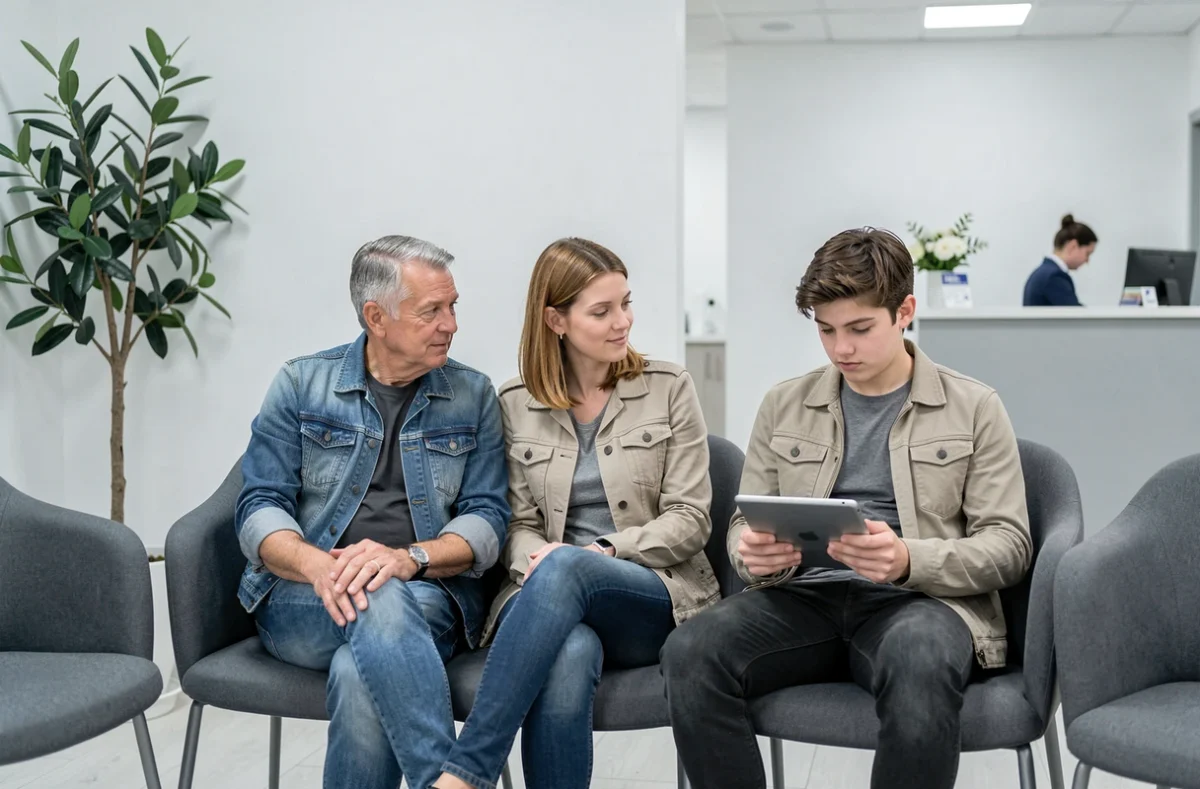 Famille dans une salle d'attente médicale bénéficiant des garanties de remboursement de la mutuelle 602