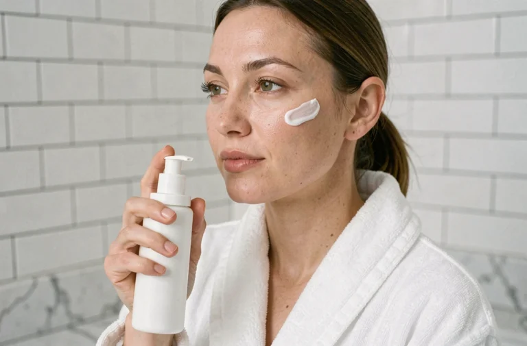 Femme appliquant une crème hydratante CeraVe sur son visage dans une salle de bain minimaliste