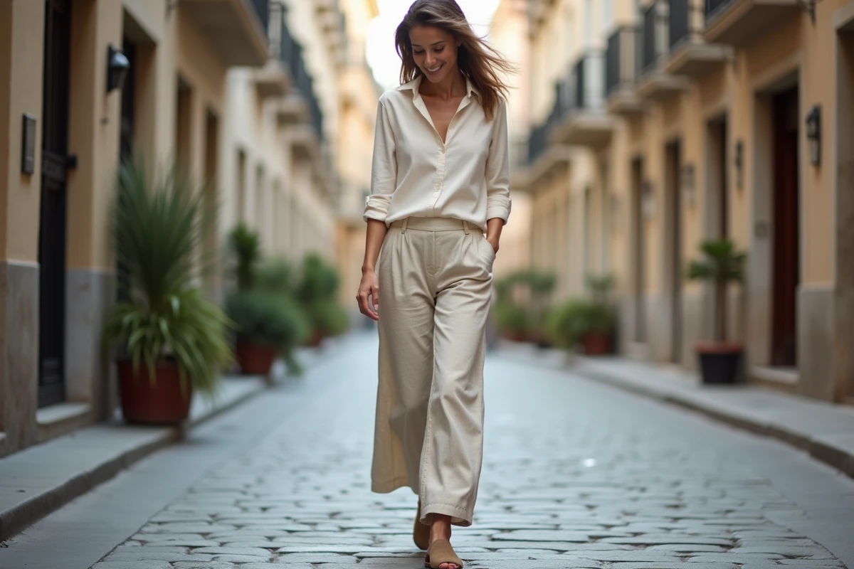 Femme portant des chaussures confortables à soutien plantaire en daim taupe dans une rue pavée urbaine