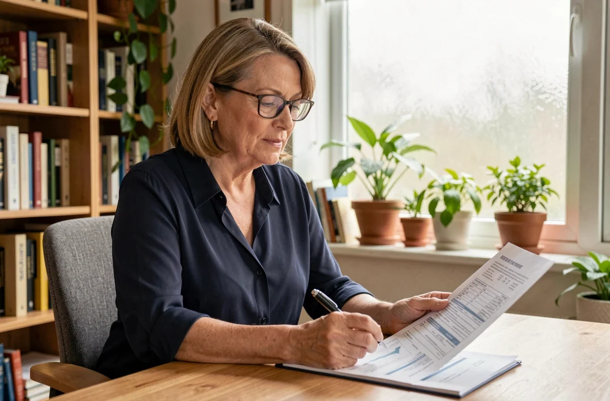 Femme consultant un document de mutuelle santé à son bureau à domicile, symbolisant les garanties santé de la mutuelle 602