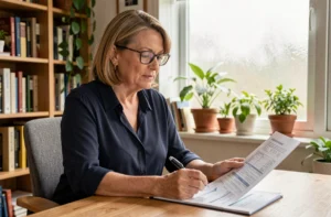 Femme consultant un document de mutuelle santé à son bureau à domicile, symbolisant les garanties santé de la mutuelle 602