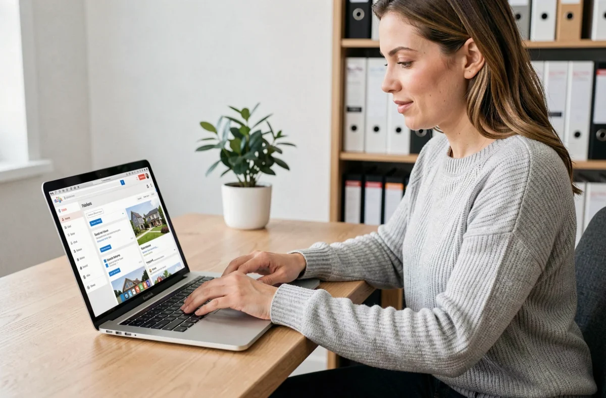 Femme consultant une page sitemap d'un site immobilier sur son ordinateur portable dans un bureau à domicile
