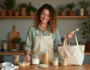 Femme arrangeant des produits zéro déchet dans une cuisine naturelle avec des bocaux en verre, brosse à dents en bambou et emballages en cire d'abeille