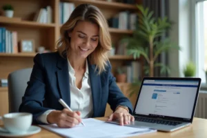 Femme consultant des documents de prêt personnel sur son bureau à domicile pour financer ses projets
