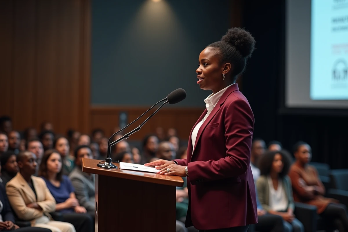 Femme noire confiante prenant la parole lors d'un événement public dédié aux initiatives pour l'égalité des femmes