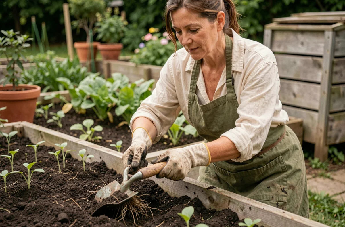 Femme utilisant une grelinette pour aérer la terre d'un potager bio dans un jardin verdoyant