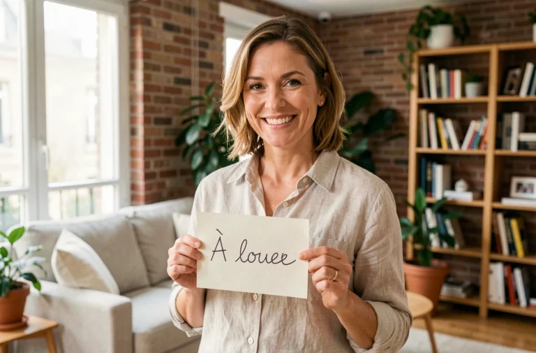 Femme souriante tenant une pancarte 'À louer' dans son appartement pour illustrer les idées de revenus avec sa résidence principale