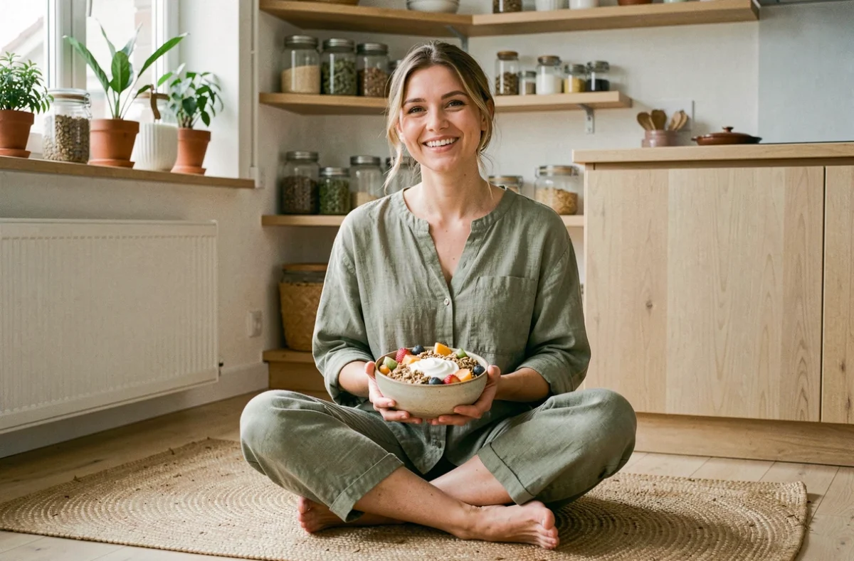 Femme souriante tenant un bol de petit-déjeuner sain dans une cuisine naturelle aux tons bois et plantes vertes