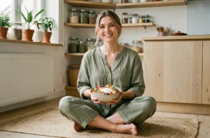 Femme souriante tenant un bol de petit-déjeuner sain dans une cuisine naturelle aux tons bois et plantes vertes