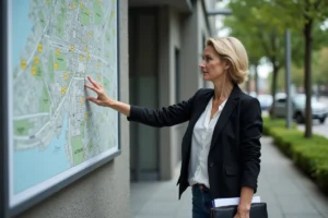 Femme d'âge moyen examine une carte de zonage devant un bâtiment municipal