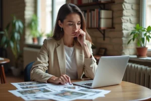 Femme consultant des annonces immobilières sur ordinateur portable dans un appartement parisien