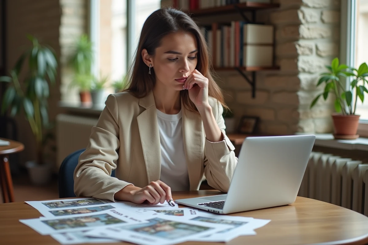 Femme consultant des annonces immobilières sur ordinateur portable dans un appartement parisien