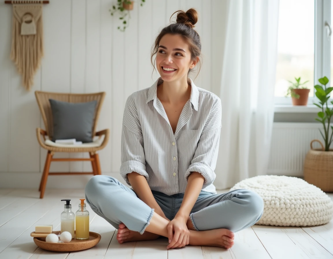 Jeune femme assise entourée de produits de salle de bain zéro déchet comme des shampoings solides, flacons en verre et brosse en bambou sur un plancher en bois