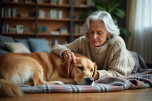 Femme âgée câlinant son vieux chien golden retriever sur un plaid dans un salon chaleureux