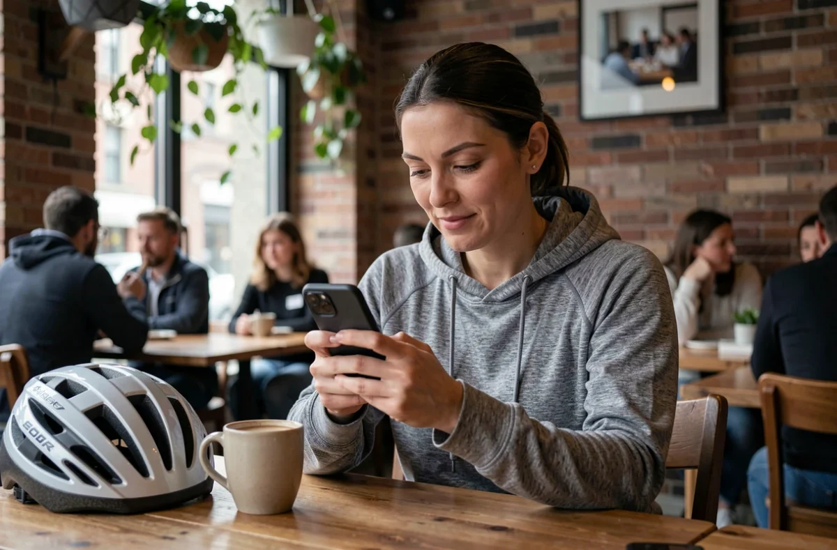 Une femme sportive consulte un site de rencontres sportives sur son smartphone dans un café, avec un casque de vélo posé sur la table