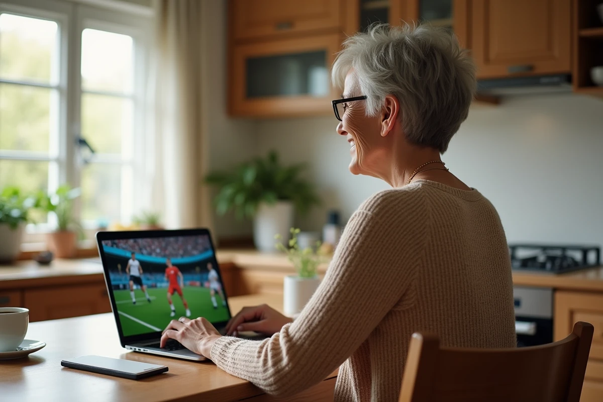 Femme regardant sport en streaming dans une cuisine chaleureuse