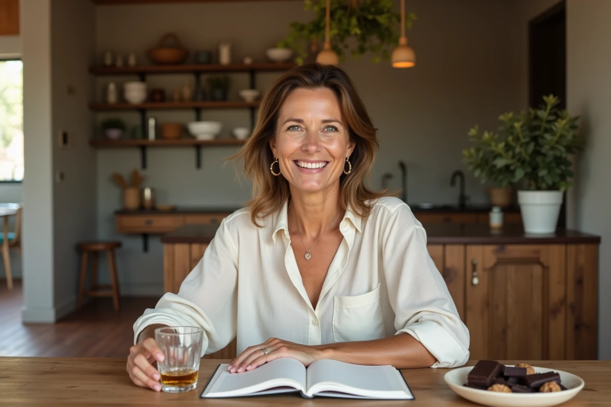 Femme sereine savourant un verre de whisky à la maison avec des accompagnements sains, illustrant une approche bien-être et modération autour du whisky