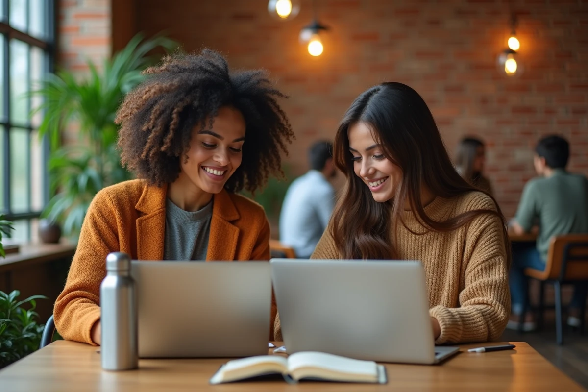 Deux jeunes femmes de cultures différentes travaillant ensemble dans un espace de co-working, symbolisant la collaboration et l'avancement professionnel féminin