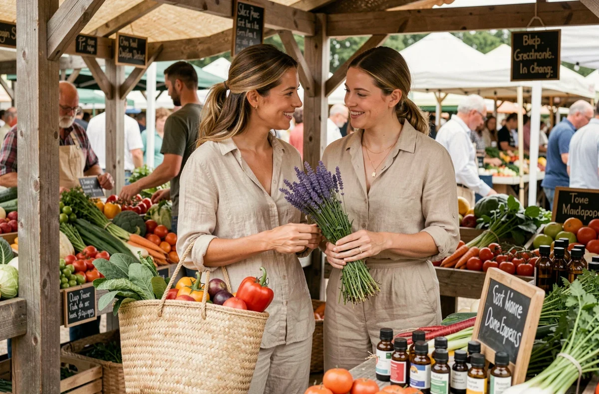 Deux femmes choisissant des légumes biologiques frais sur un marché fermier pour adopter un mode de vie bio et sain