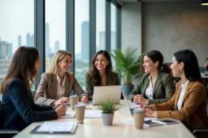 Groupe de femmes professionnelles diversifiées réunies autour d'une table de conférence moderne pour une réunion collaborative sur l'égalité en milieu de travail