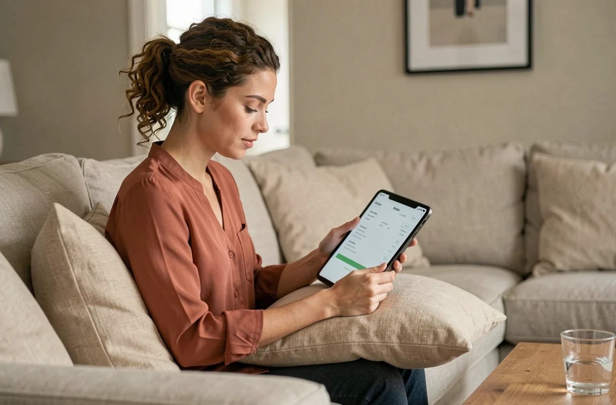 Jeune femme consultant et réglant ses charges locatives sur une tablette depuis son salon