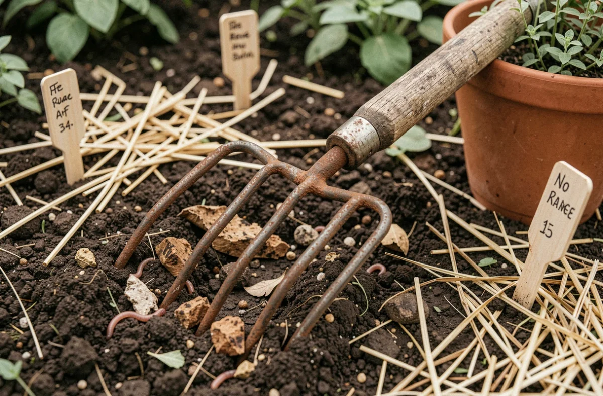 Grelinette posée sur un sol de potager bio avec vers de terre, compost et paillage naturel visibles